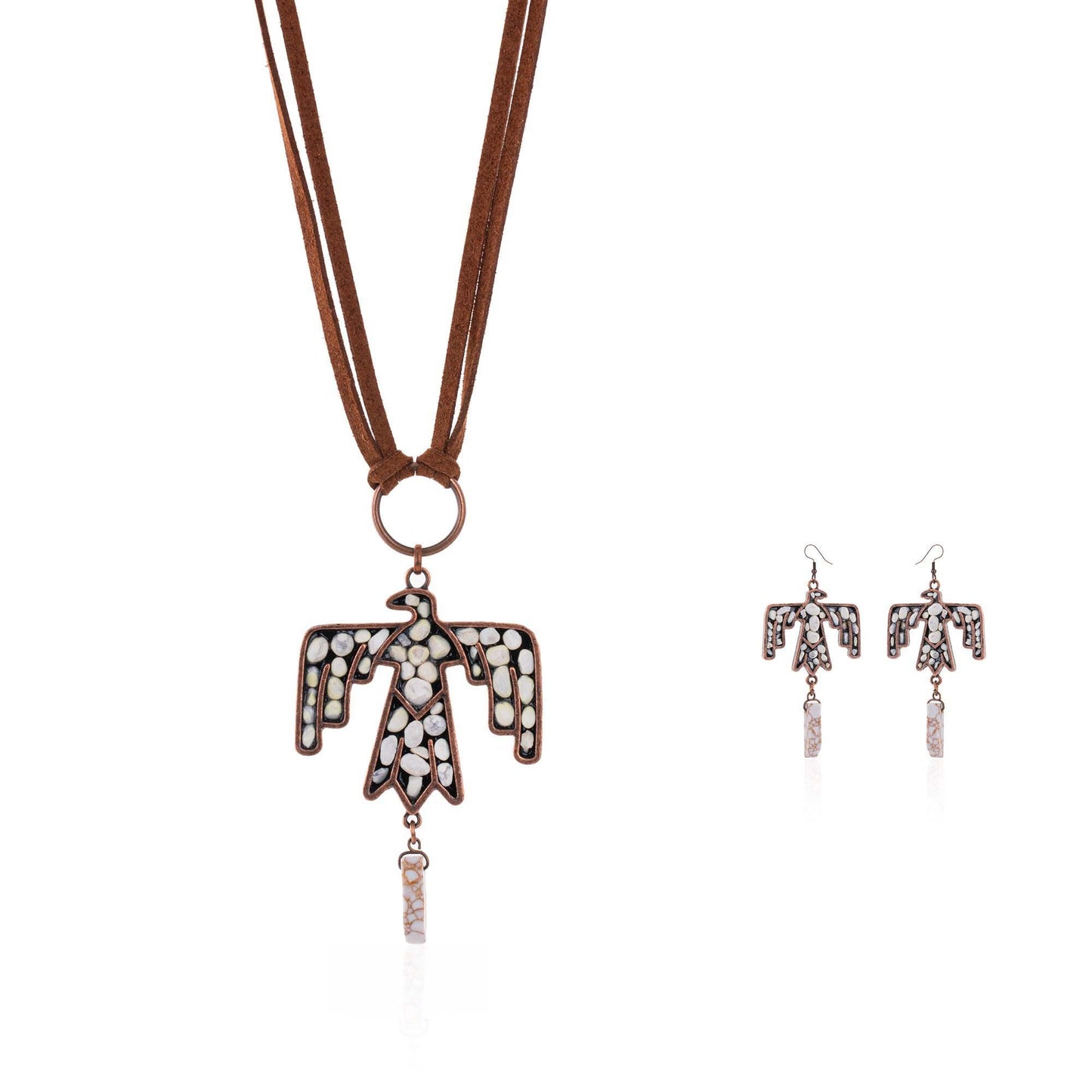 Wrangler Jewelry Sets Thunderbird Pendant Leather Necklace Earrings Set