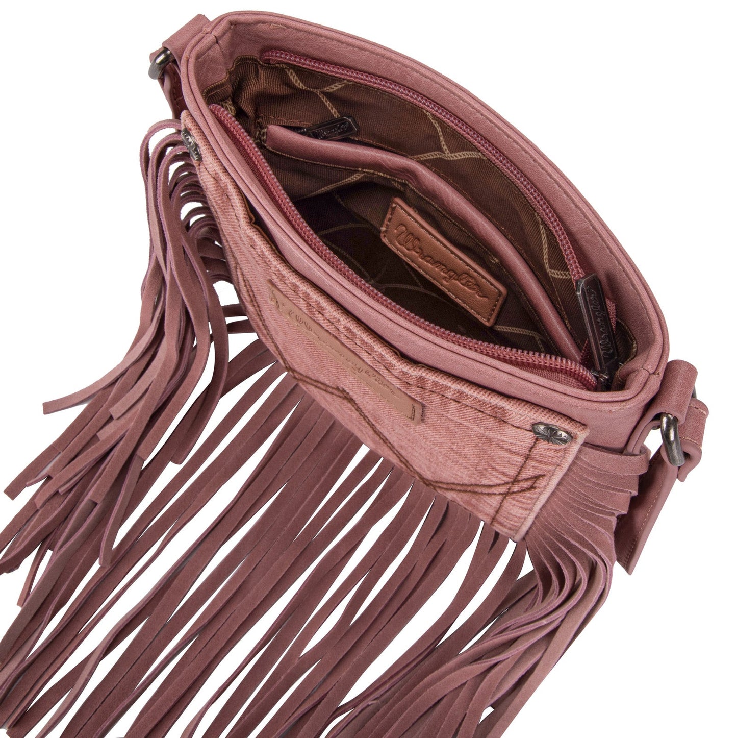 Wrangler Leather Fringe Jean Denim Pocket Crossbody