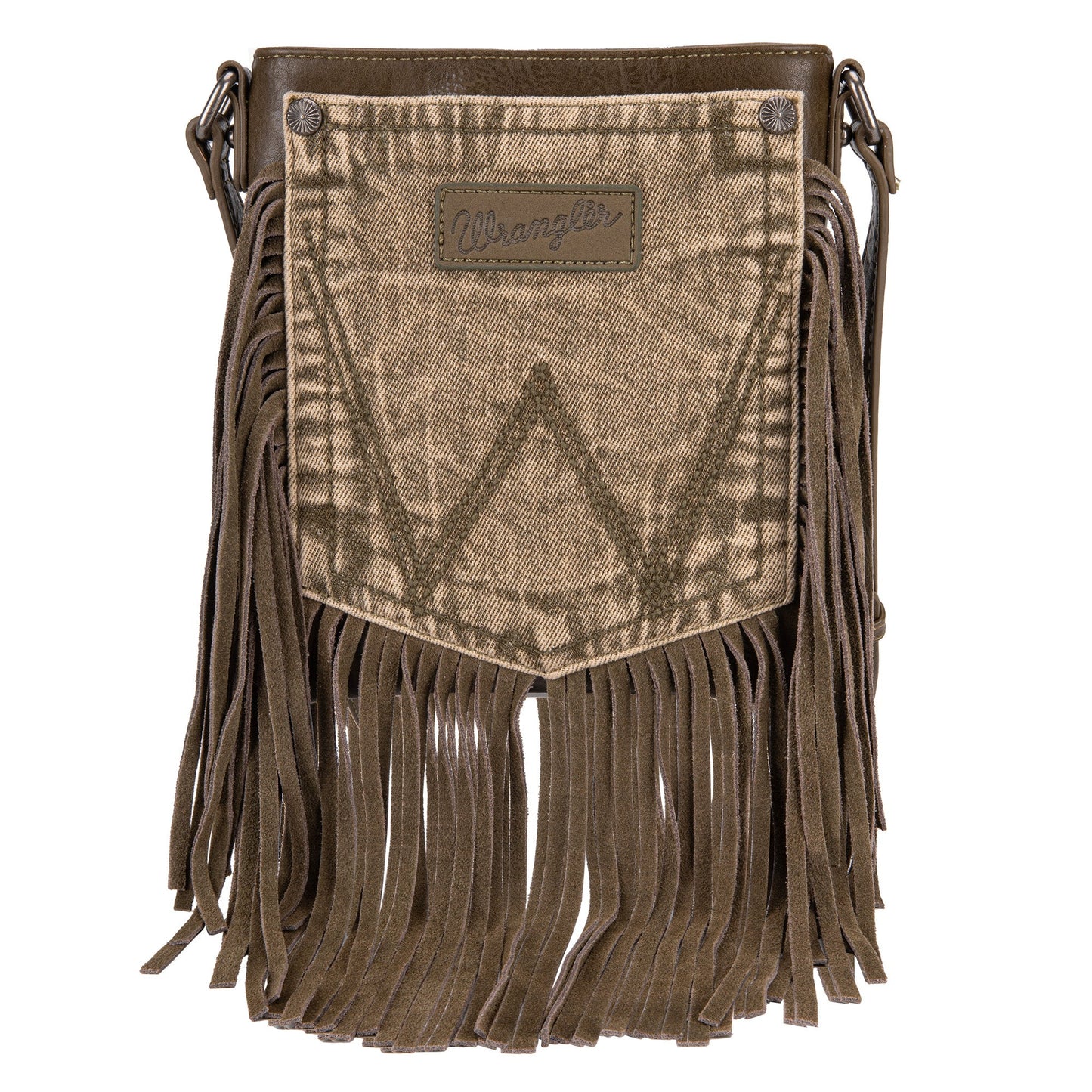 Wrangler Leather Fringe Jean Denim Pocket Crossbody