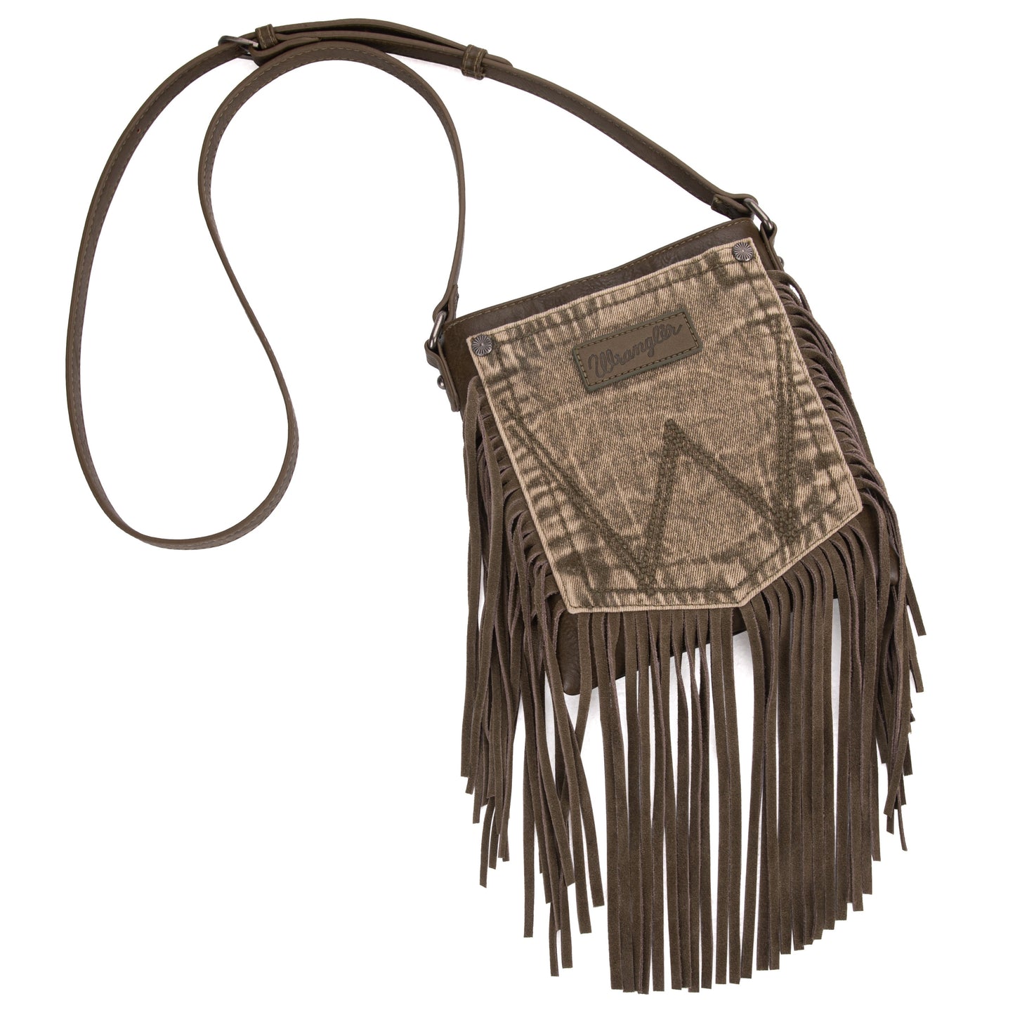 Wrangler Leather Fringe Jean Denim Pocket Crossbody