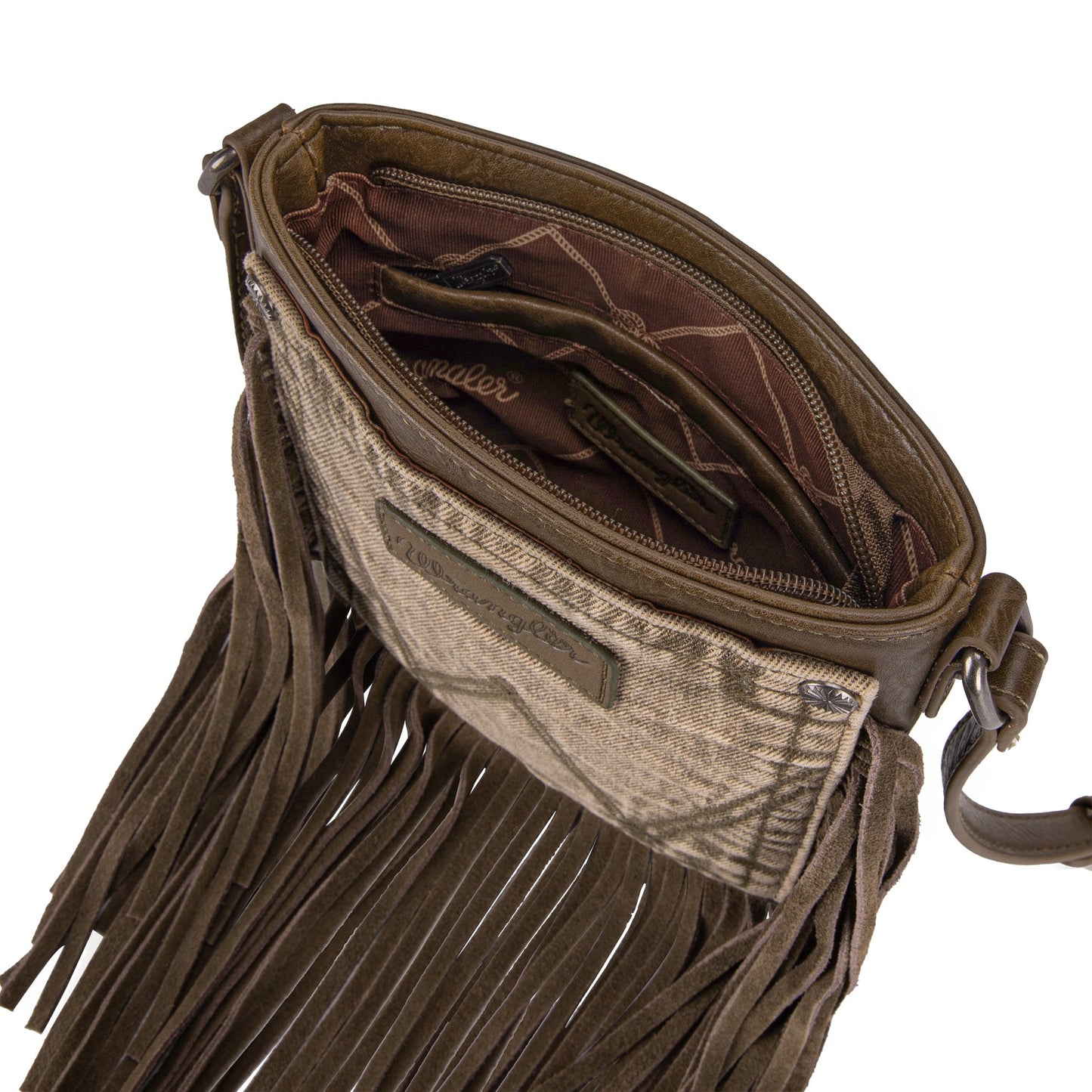 Wrangler Leather Fringe Jean Denim Pocket Crossbody