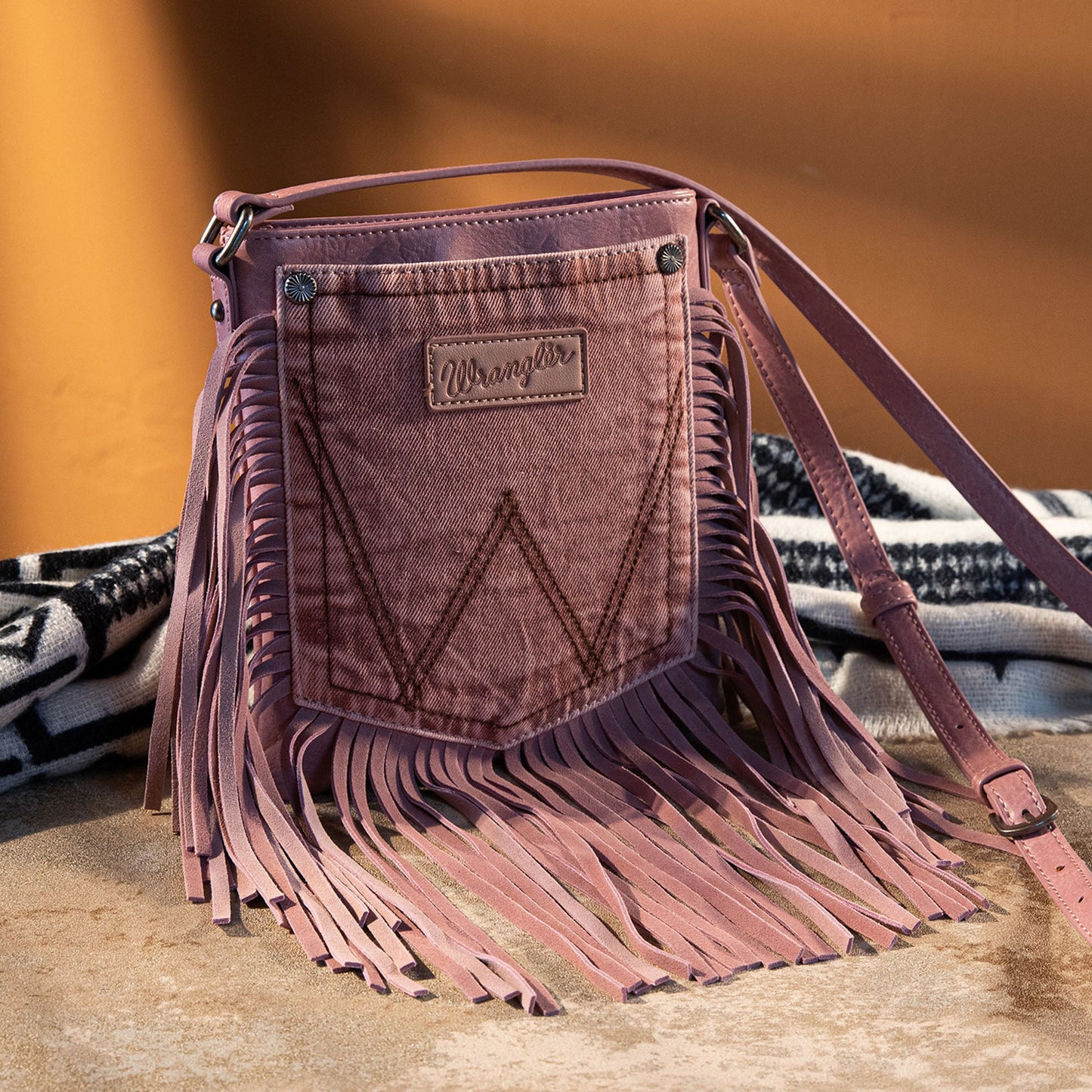 Wrangler Leather Fringe Jean Denim Pocket Crossbody