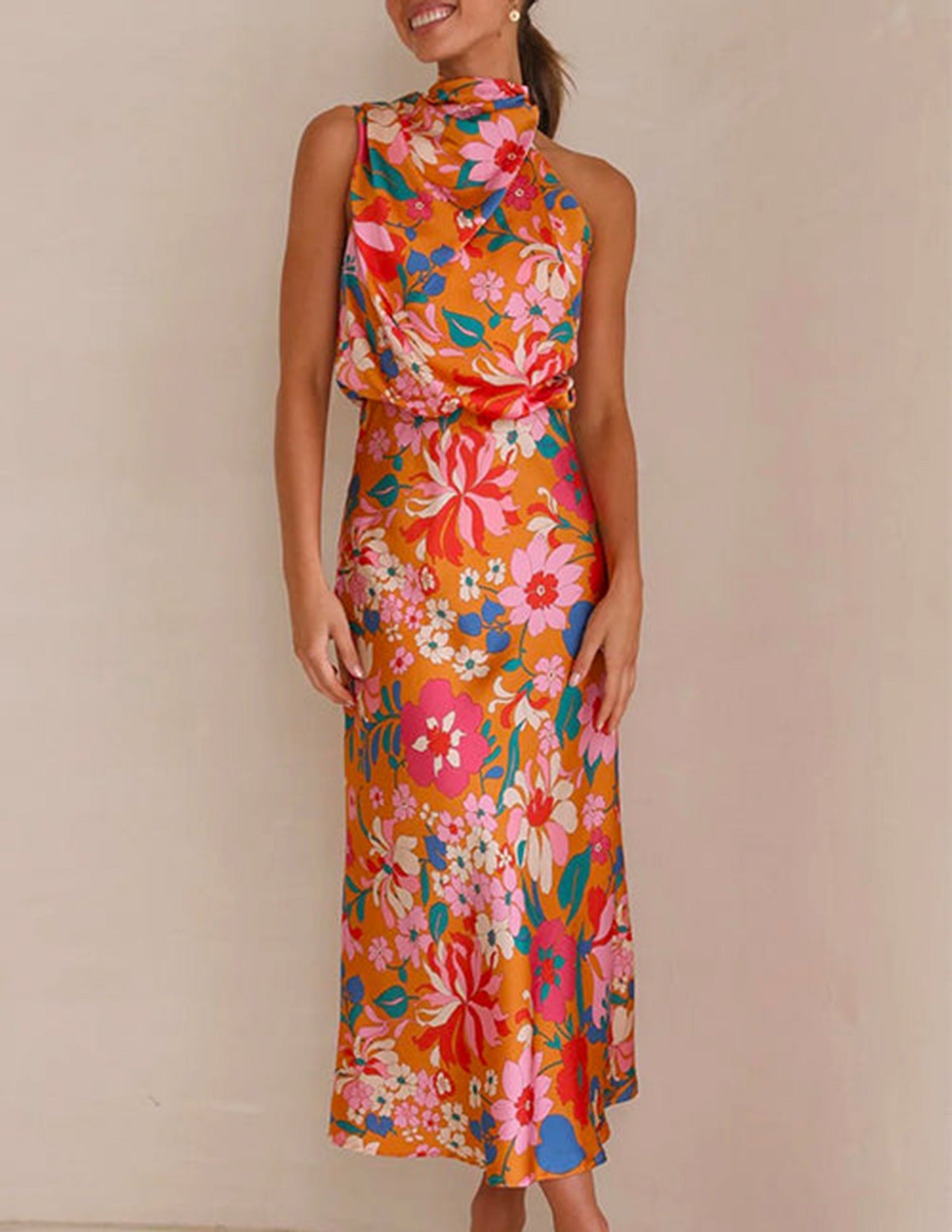 Floral Halter Neck Elastic Waist Maxi Dress