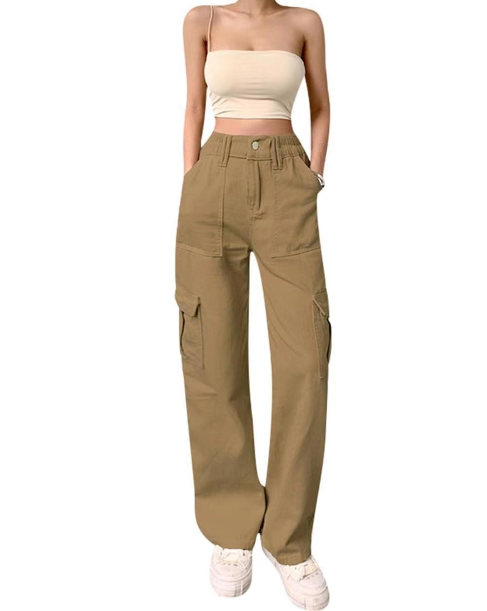 Multi-Pocket Workwear Straight Trousers High Waist Slim Loose Jeans for Women