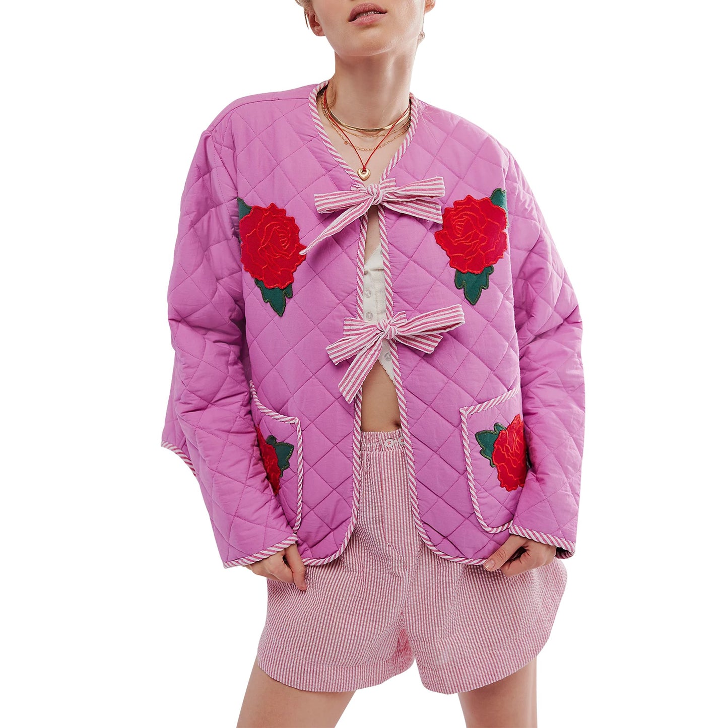 Rose Print Bow Pink Thin Jacket