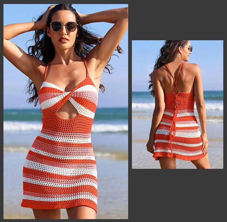 Knit Striped Backless Strappy Mini Dress