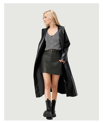 Faux Leather Lapel Coat