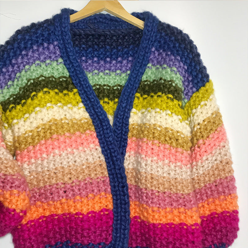 Colored Lantern Sleeve Knitted Cardigan