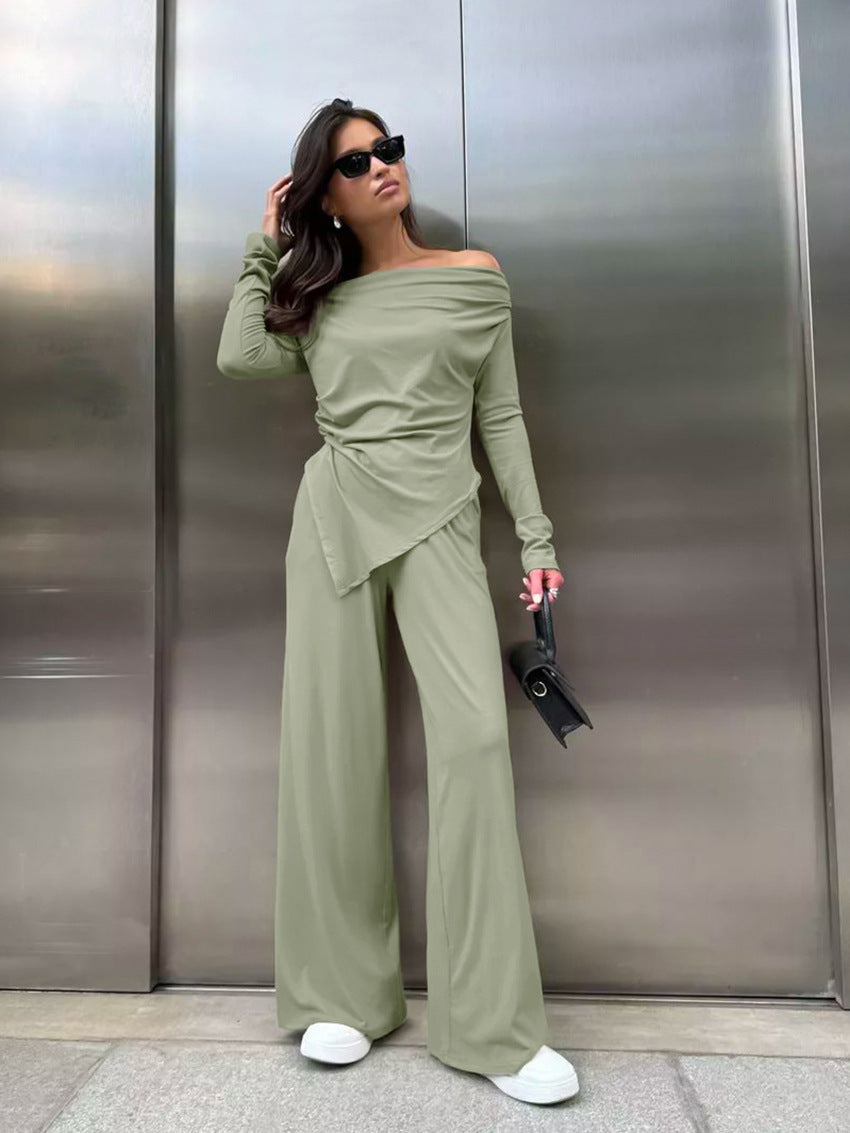 Strapless Ruched Slim Long Sleeve Top Wide Leg Pants Set