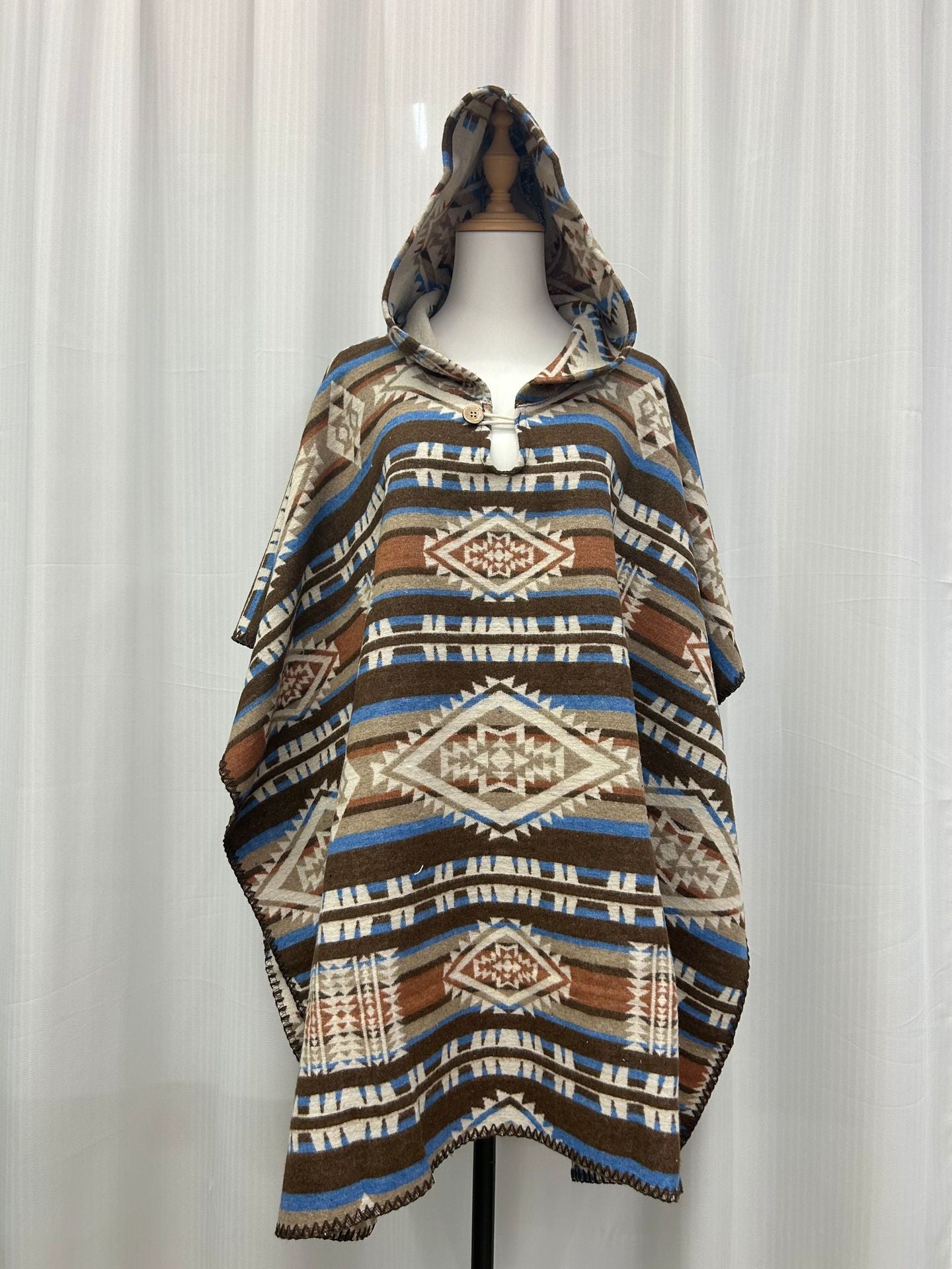 Western Aztec Blue Print Hooded Cape