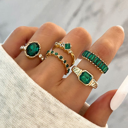 Imitation Emerald Diamond Ring Set 5 Pcs