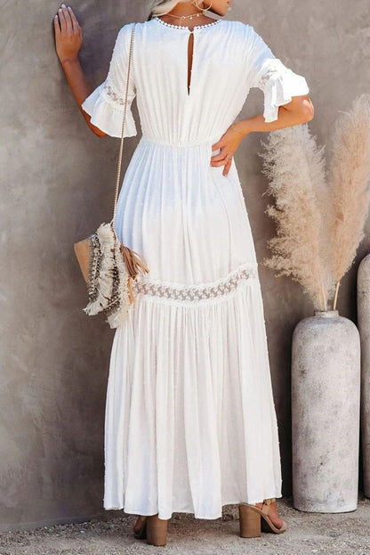 V Neck Ruffle Hem Lace Maxi Dress