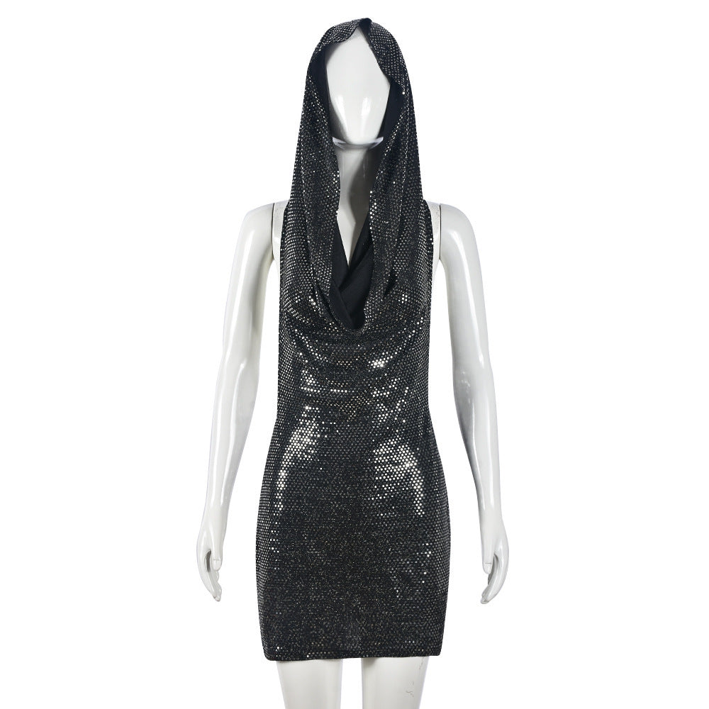 Sequin Hooded Swing Neck Backless Mini Dress