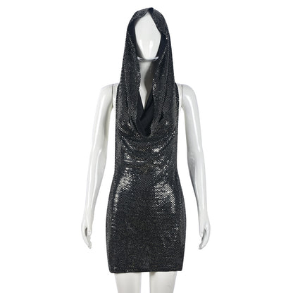 Sequin Hooded Swing Neck Backless Mini Dress