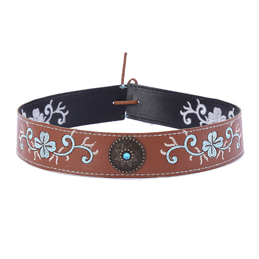 Sleek Leather Floral Embroidered Hat Band