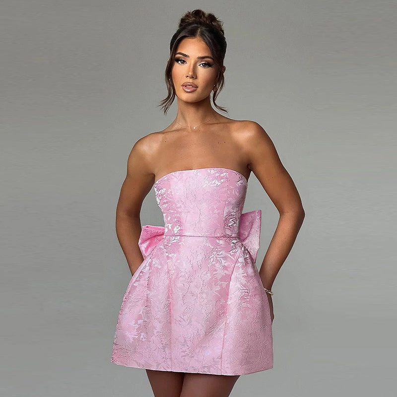 Strapless Bow Jacquard Mini Dress