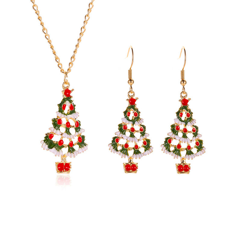 Snow Covered Hollow Christmas Tree Earrings Necklace Set