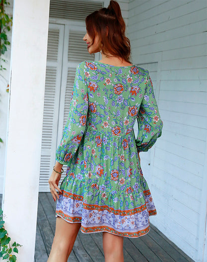 V-neck Print Casual Bohemian Lace-up Mini Dress