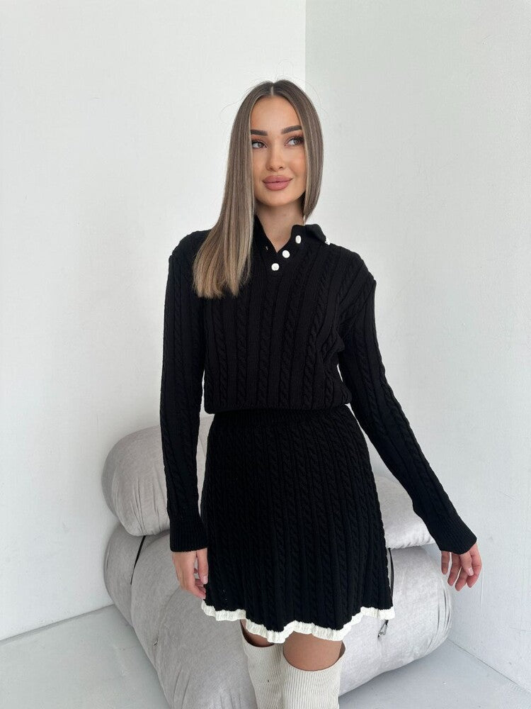 Solid Color Slim Knit Long Sleeve Skirt Two-Piece Set