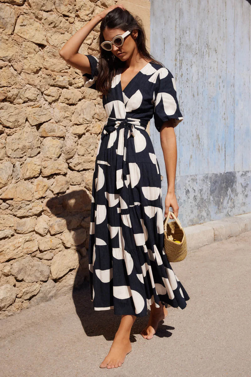 V-Neck Puff Sleeves Slit Printed Midi Dress