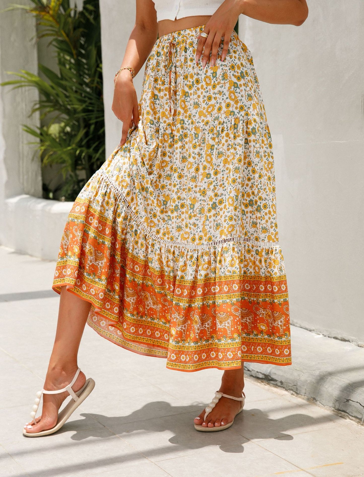 Romantic Boho Floral Print High Waist Skirt