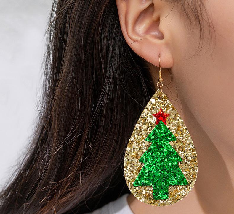 Christmas Tree And Elk Sequin Glitter Leather Stud Earrings