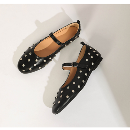 Studded Rhinestones Mary Jane One-Line Buckle Ballet Flats