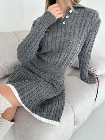 Solid Color Slim Knit Long Sleeve Skirt Two-Piece Set