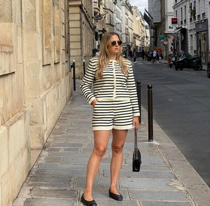 Vintage Striped Crew Neck Knit Top And Short Set