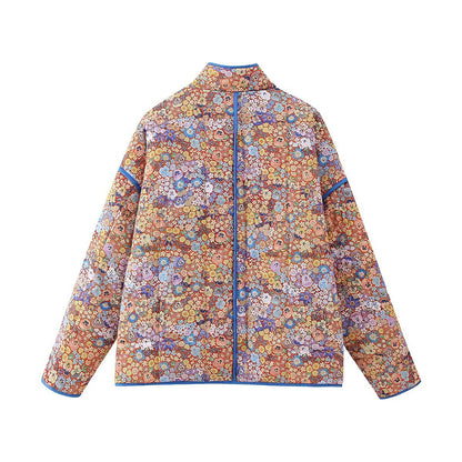 Small Floral Print Pocket Clip Cotton Drop Shoulder Jacket