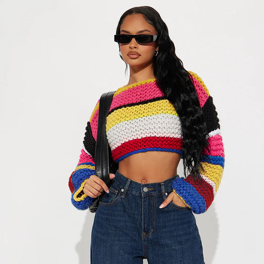 Multicolor Striped Knit Crop Sweater