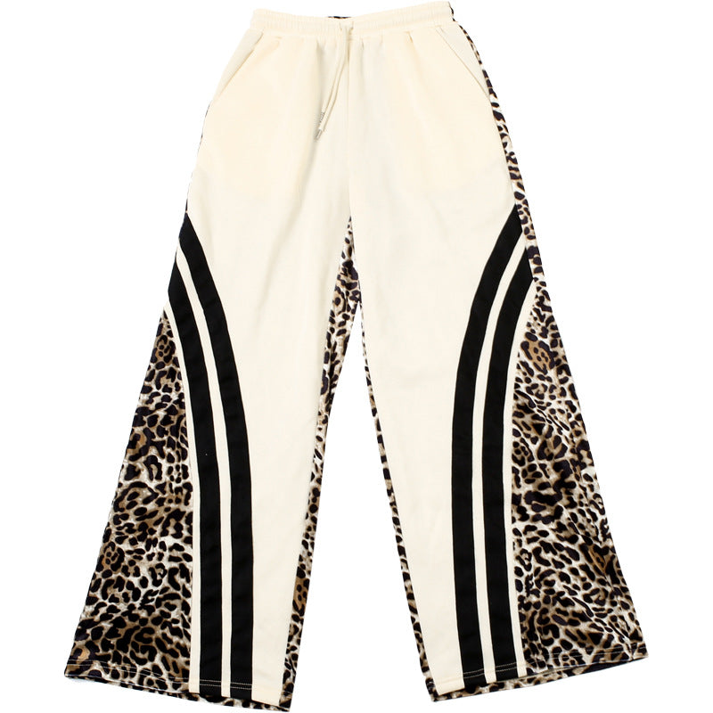 Street Style Leopard-Print Striped Patchwork High-Waisted Pant