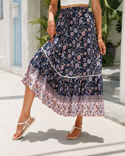 Romantic Boho Floral Print High Waist Skirt