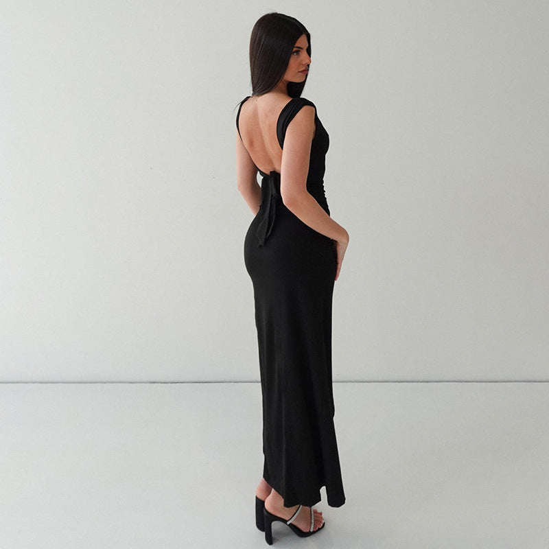 Pleated Backless Slit Maxi Dress