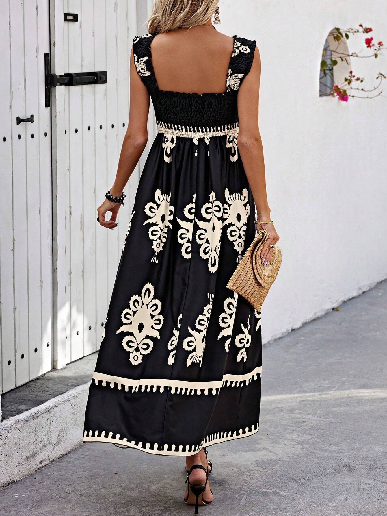 Sleeveless Strap Print Midi Dress