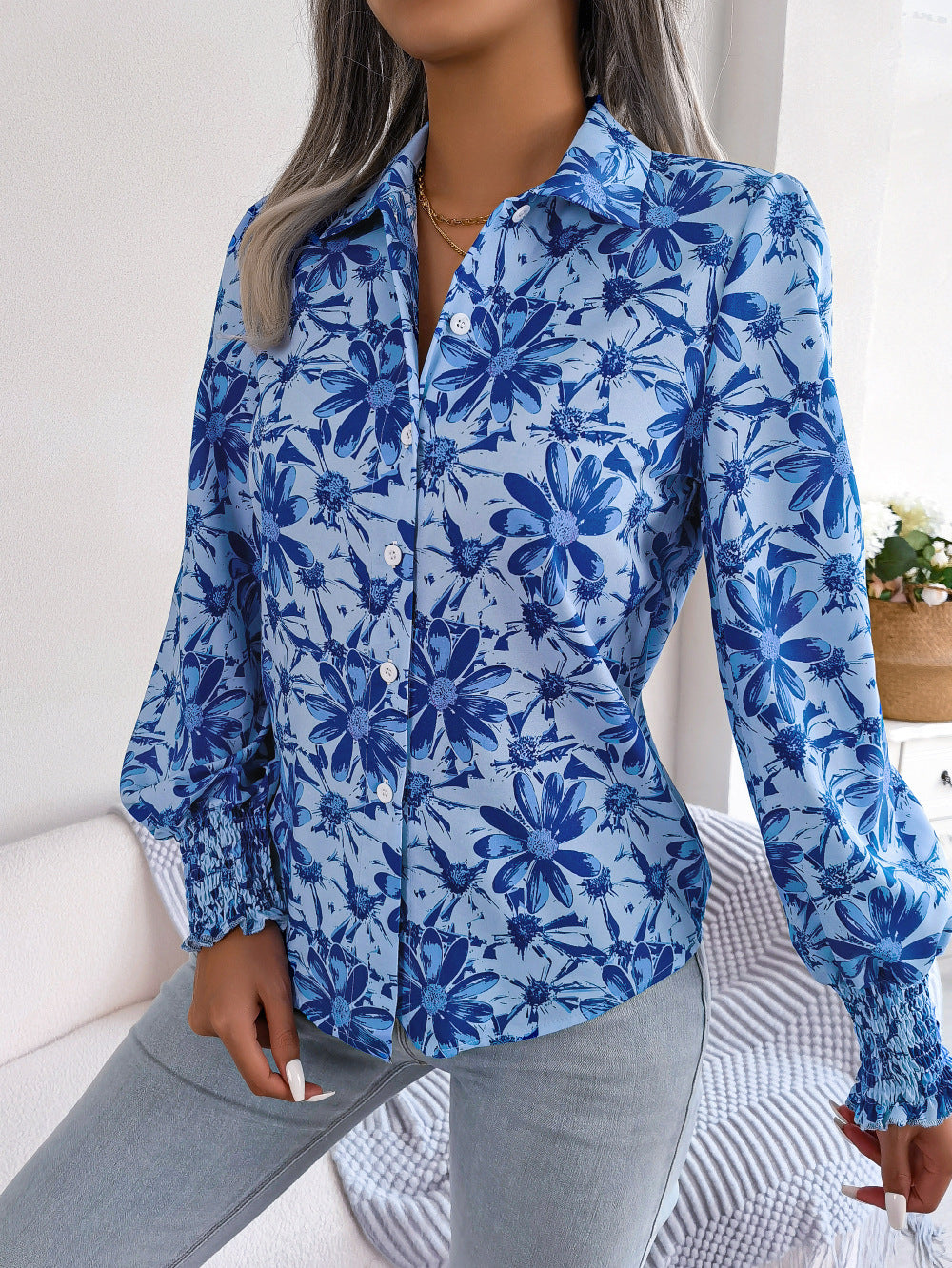 Lantern Sleeve Floral Print Shirt