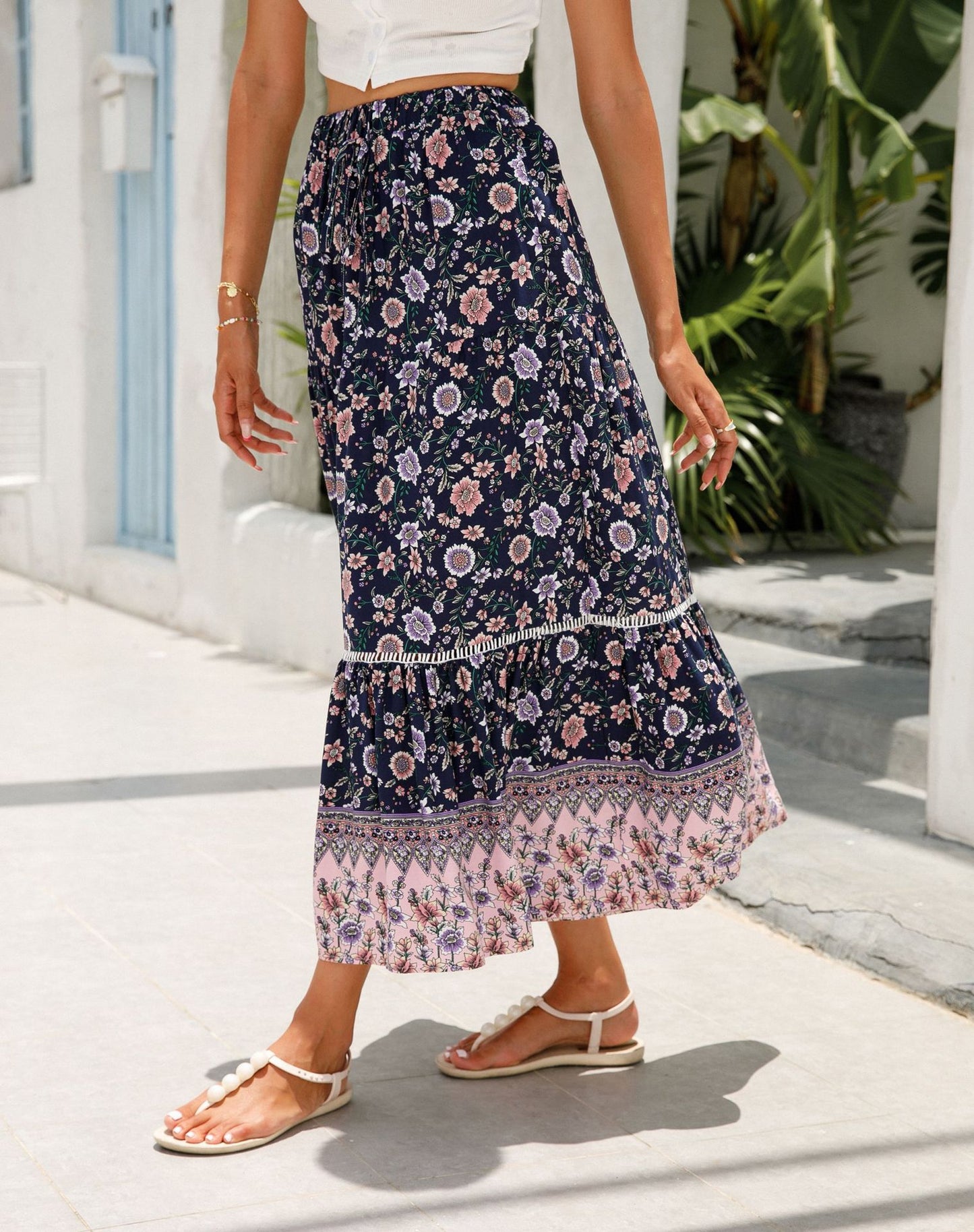 Romantic Boho Floral Print High Waist Skirt