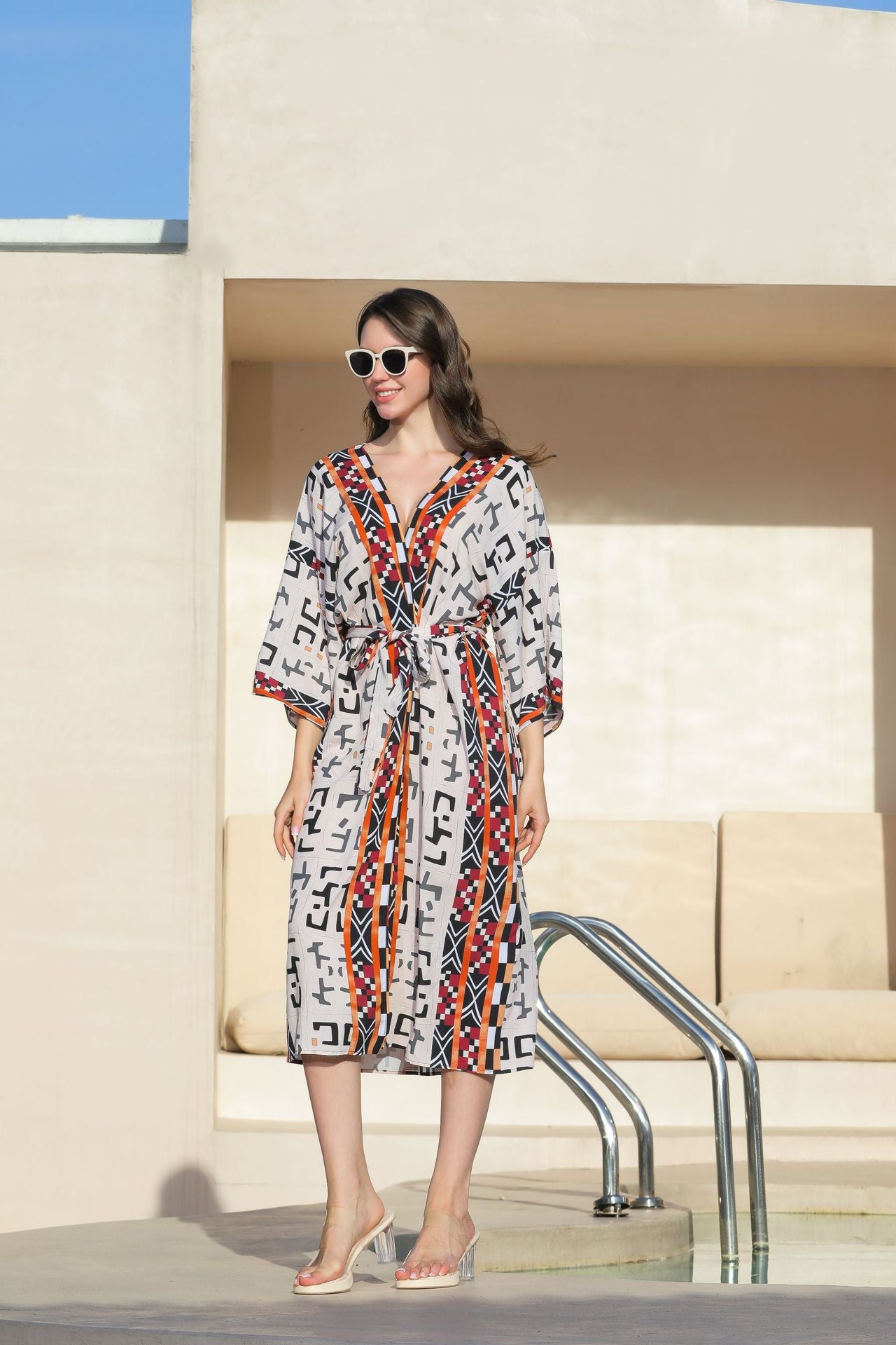 Retro Geometric Ethnic Print Open Front Slit Duster Kimono