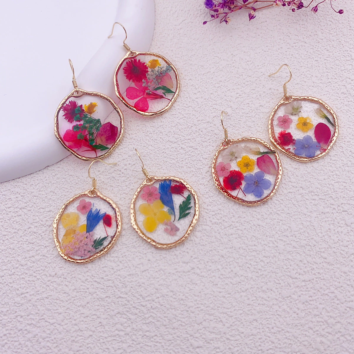 Drop Glue Multicolour Dried Flower Gold Earrings