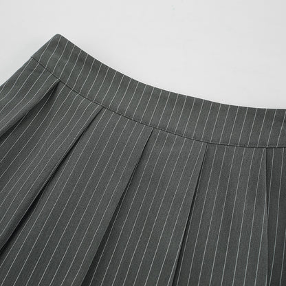 Vertical Striped Suit Jacket And Pleated Skirt Suit