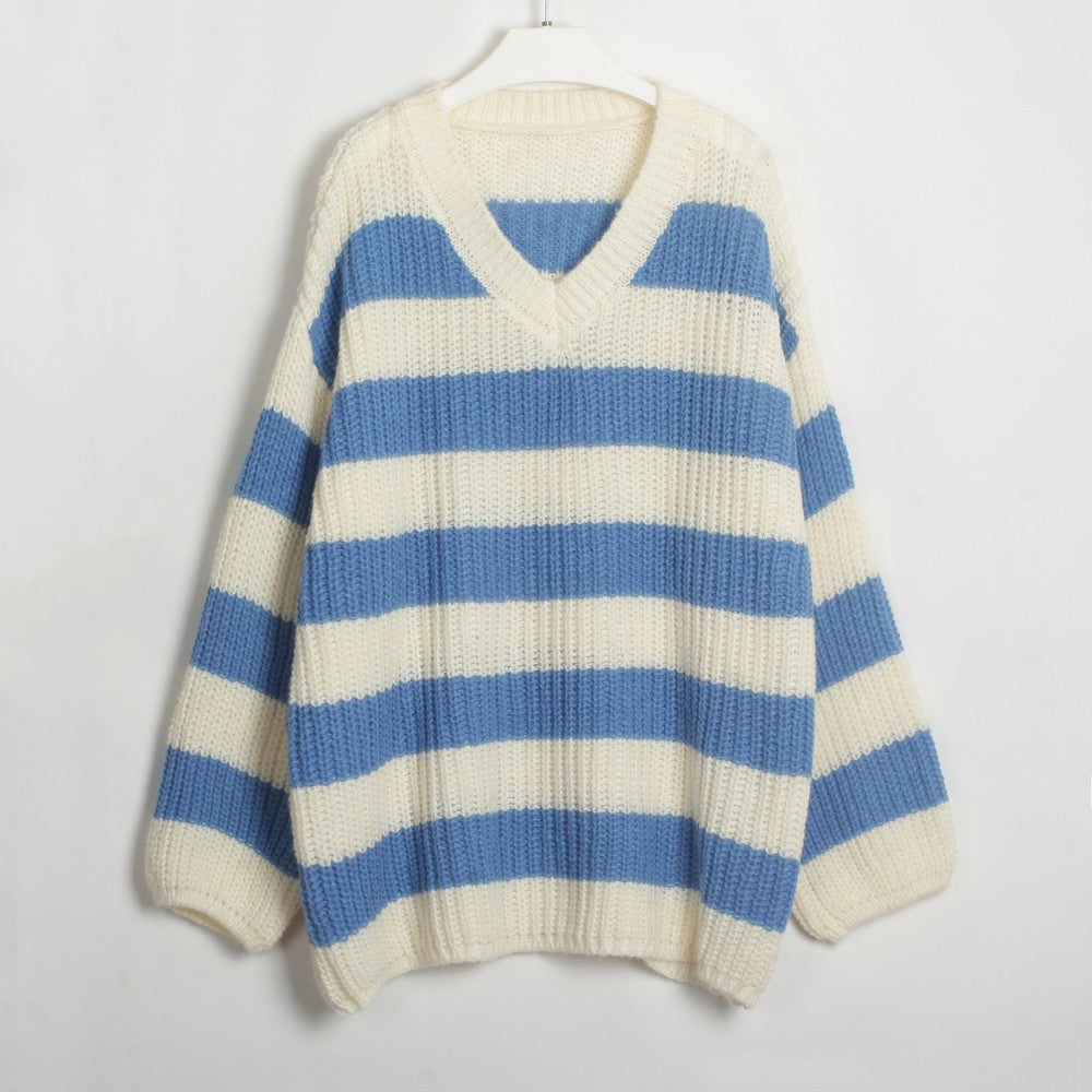 Loose V-neck Striped Knit Sweater