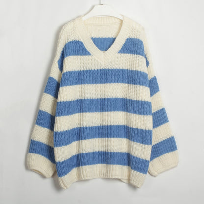 Loose V-neck Striped Knit Sweater