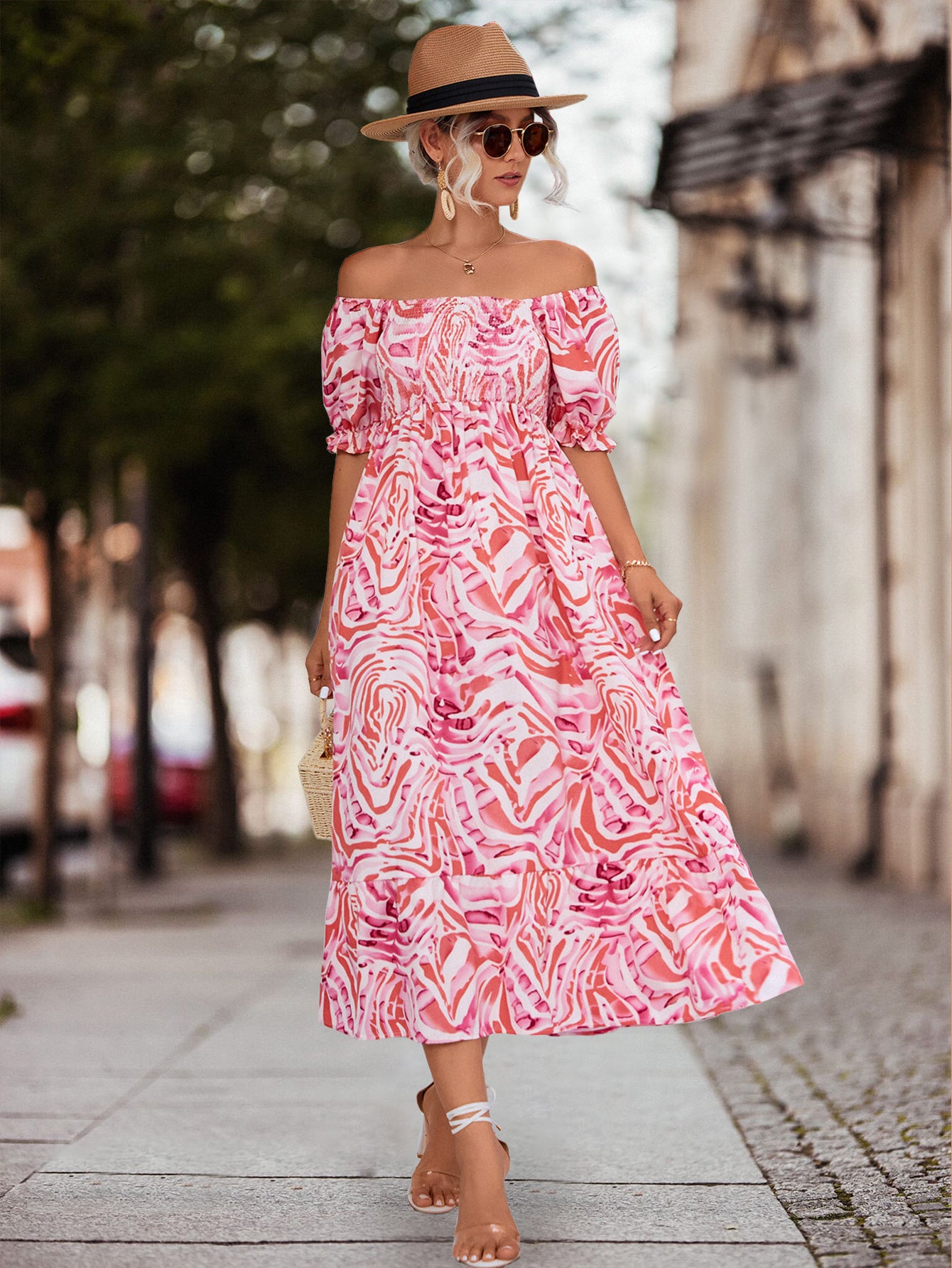 Smocked Print Off The Shoulder Midi Dress