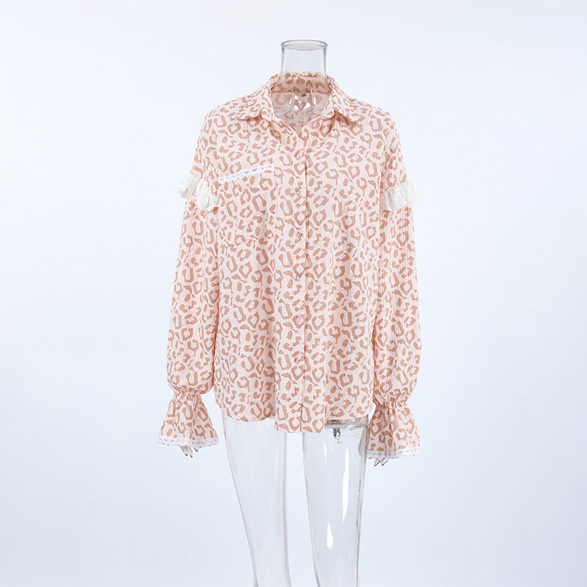 Leopard Print Lace Ruffled Shirt