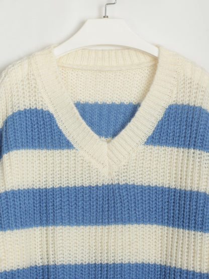 Loose V-neck Striped Knit Sweater