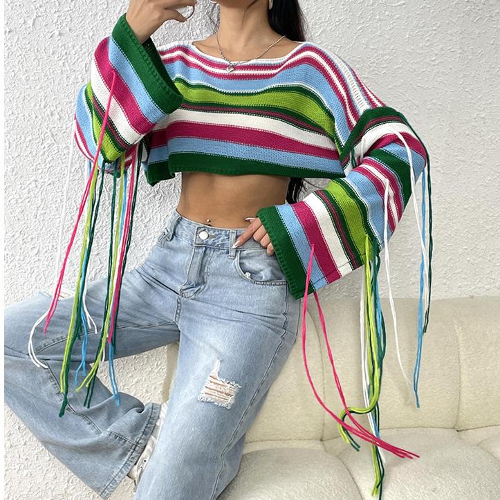 Boho Knit Rainbow Striped Fringe Crop Sweater