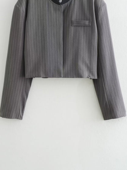 Vertical Striped Shoulder-Padded Suit Jacket And Pant Set