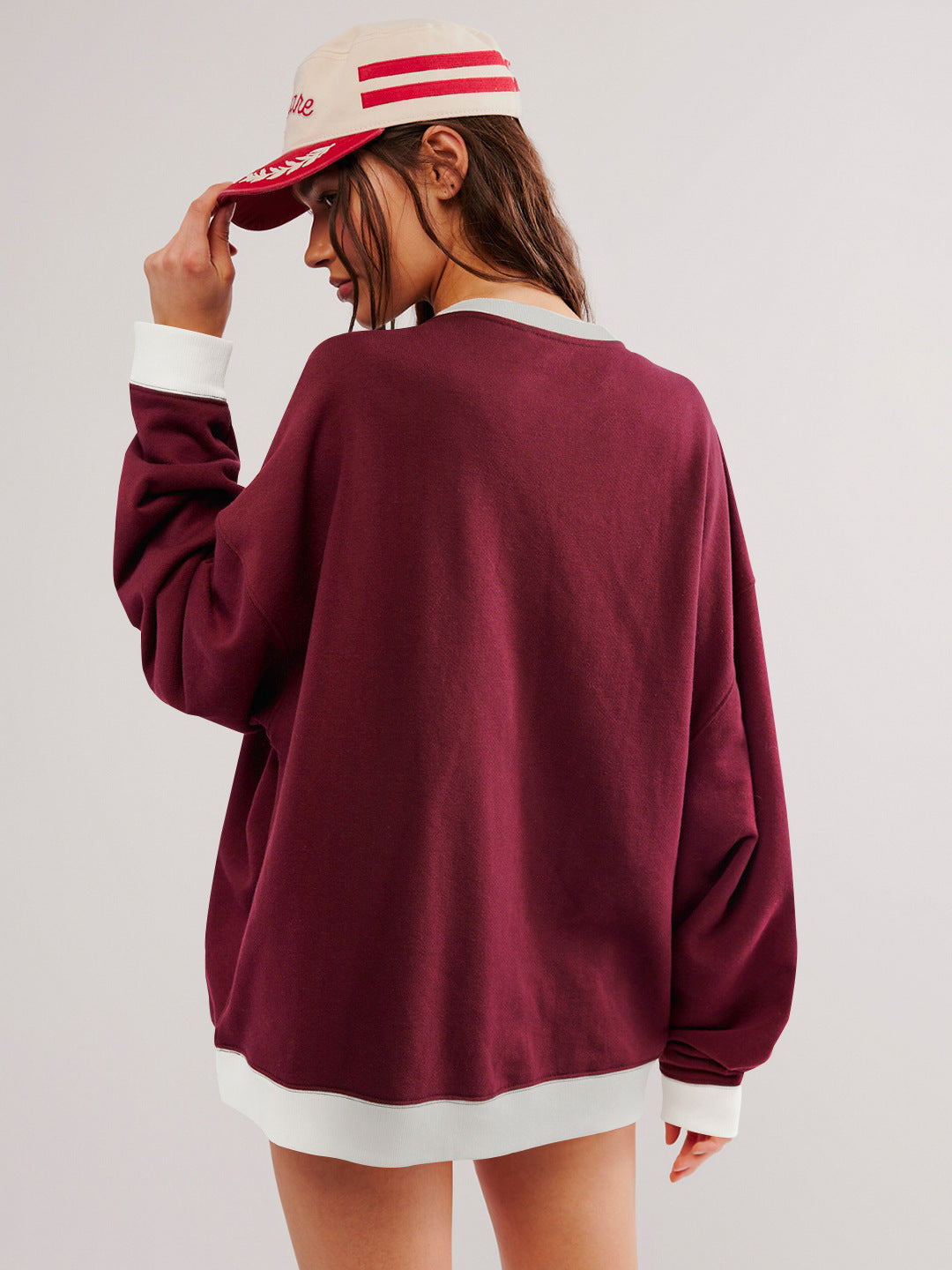 Color Contrast Crew-Neck Dropped Shoulder Long-Sleeved Sweatshirt