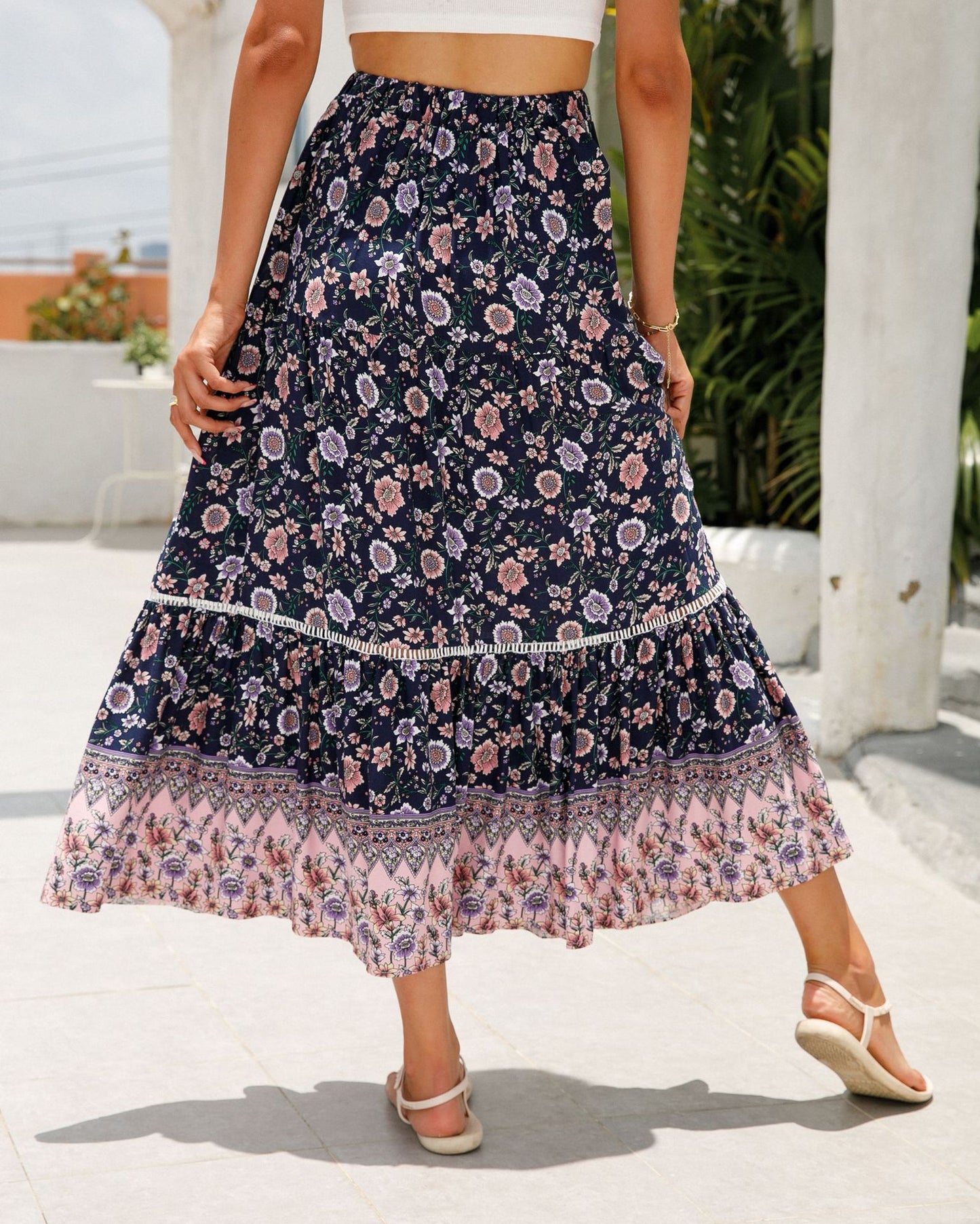 Romantic Boho Floral Print High Waist Skirt