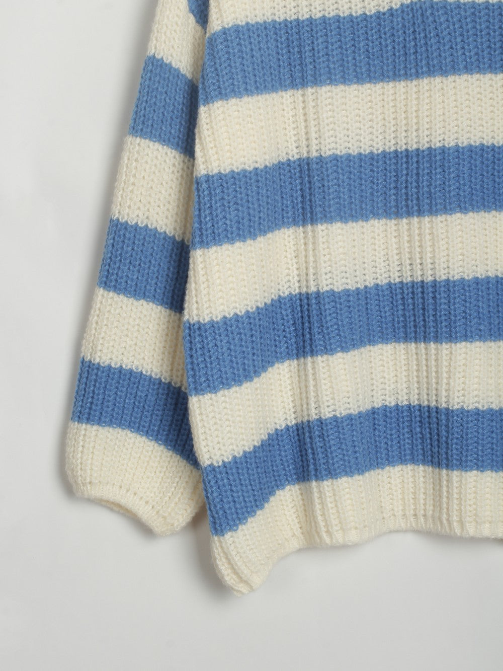 Loose V-neck Striped Knit Sweater